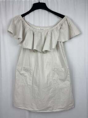 Vernacular Tan Stripe Off The Shoulder Dress L Cottagecore Coastal Feminine